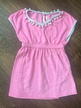 Betsey Johnson Girls Pink Terry Cloth Pom Pom Swim Cover-Up Dress Size 5